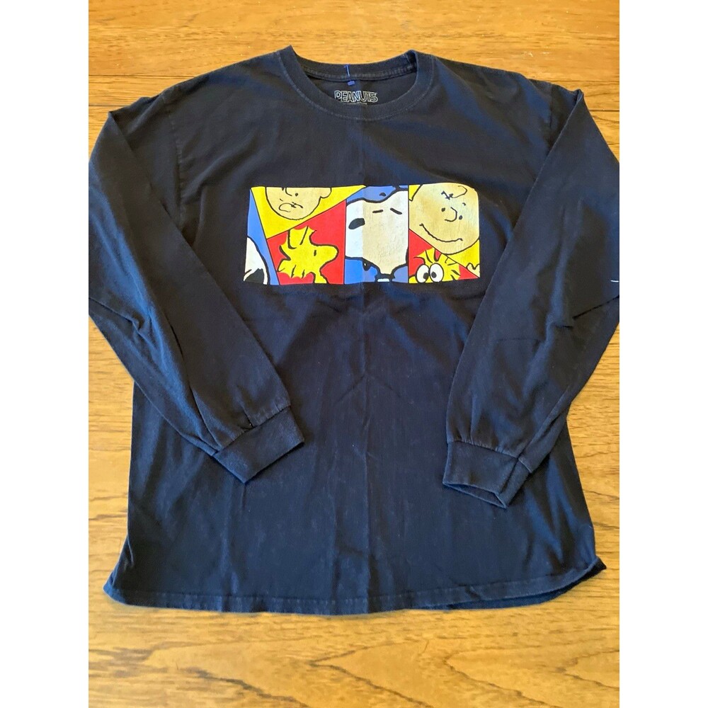 Peanuts Men's L Black Charlie Brown Snoopy Graphic Crew Neck Long Sleeve Tee